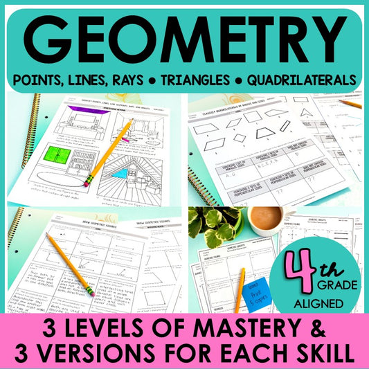 4th grade geometry leveled practice and worksheets covering points, lines, rays, triangles, and quadrilaterals