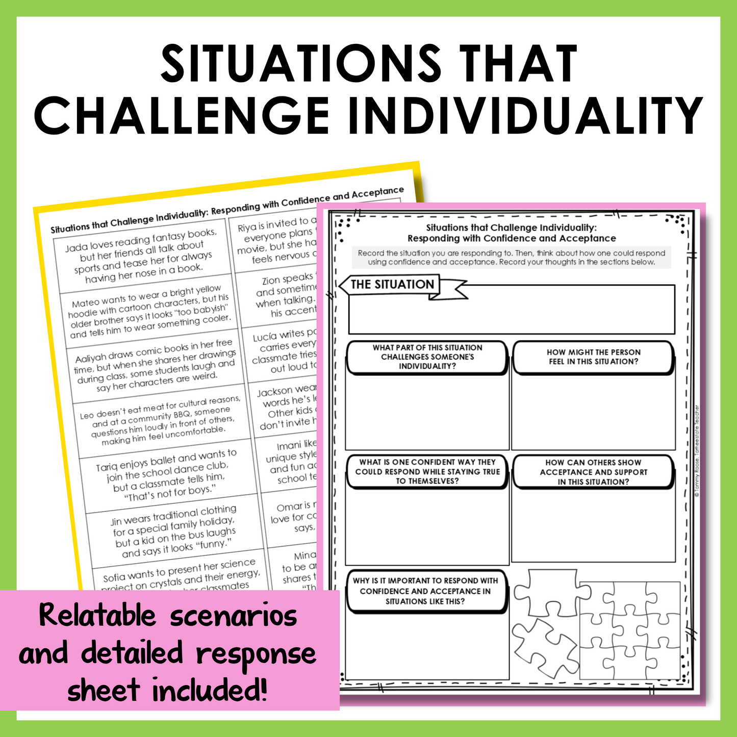 Social emotional learning scenarios and reflection activity included to help students think through real-life scenarios involving individuality.