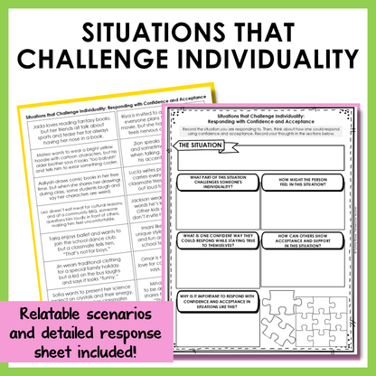 Social emotional learning scenarios and reflection activity included to help students think through real-life scenarios involving individuality.