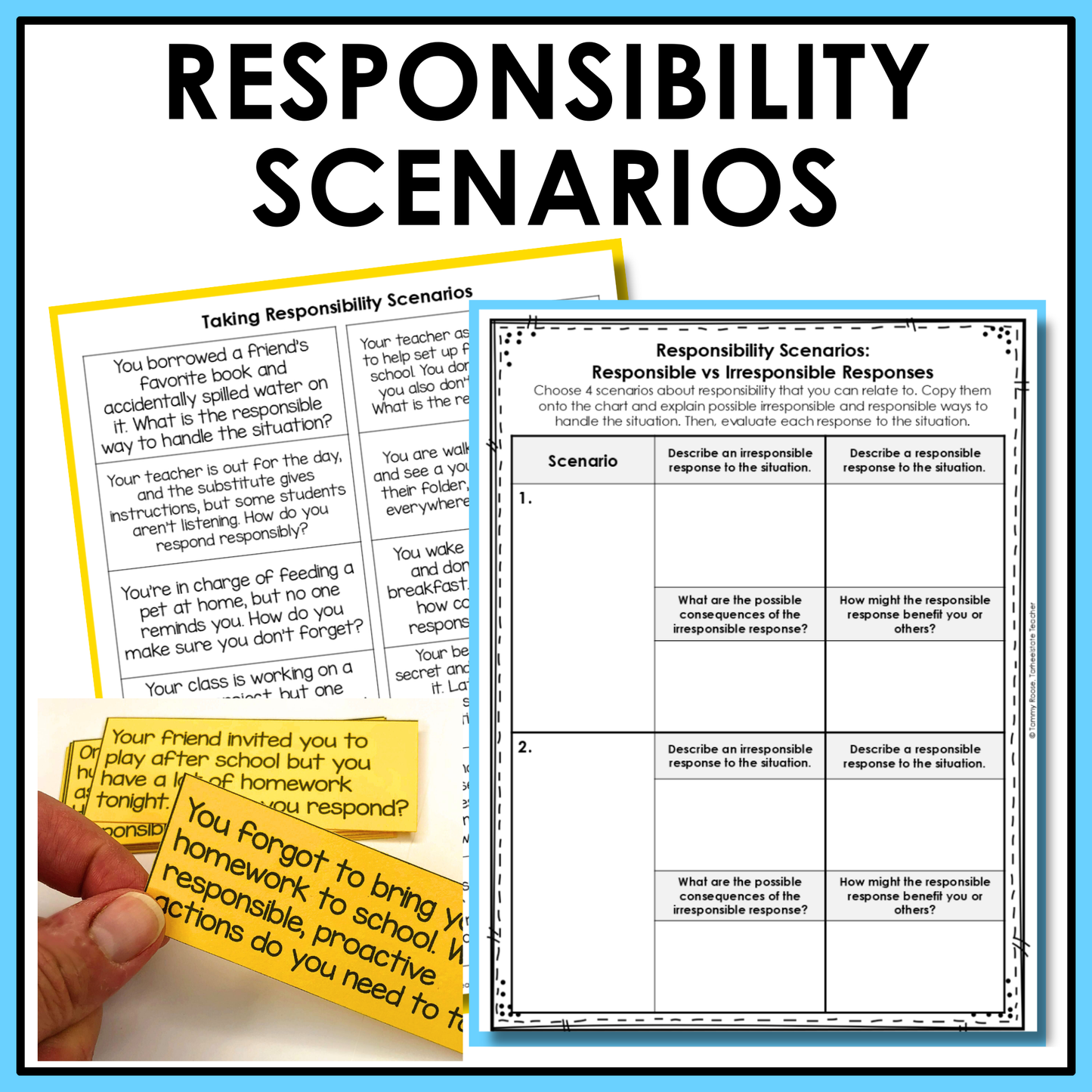 Social emotional learning scenarios and reflection activity included to help students think through real-life scenarios involving responsibility.