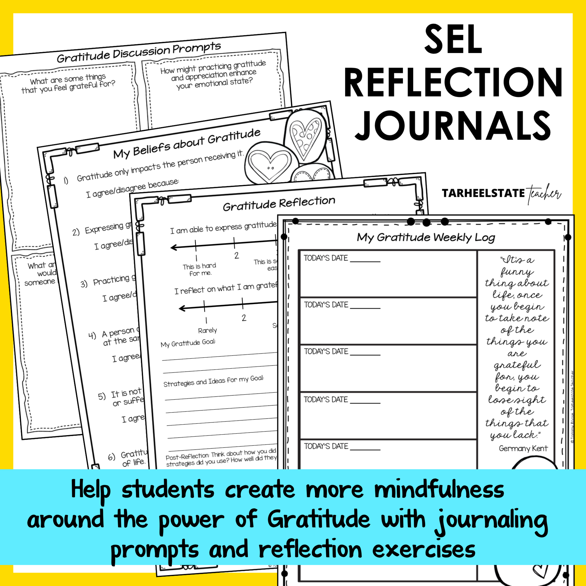 SEL reflection journals with prompts and social emotional learning activities to build emotional awareness