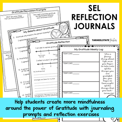 SEL reflection journals with prompts and social emotional learning activities to build emotional awareness