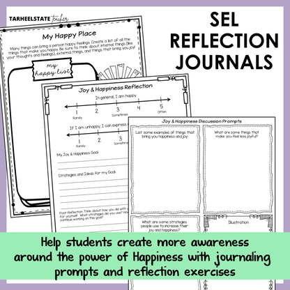 SEL reflection journals with prompts and social emotional learning activities to build emotional awareness