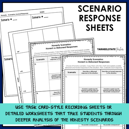Honesty scenario response sheets and task card recording sheets for analyzing honest and dishonest responses