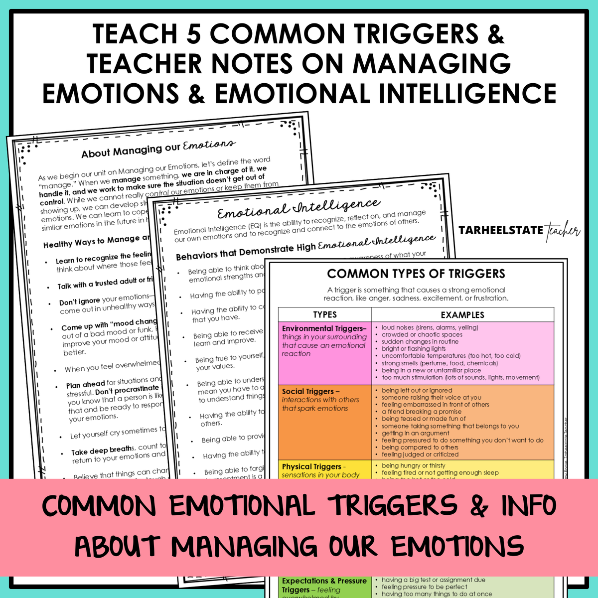 Common types of emotional triggers chart and teacher notes on managing emotions and emotional intelligence