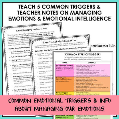 Common types of emotional triggers chart and teacher notes on managing emotions and emotional intelligence