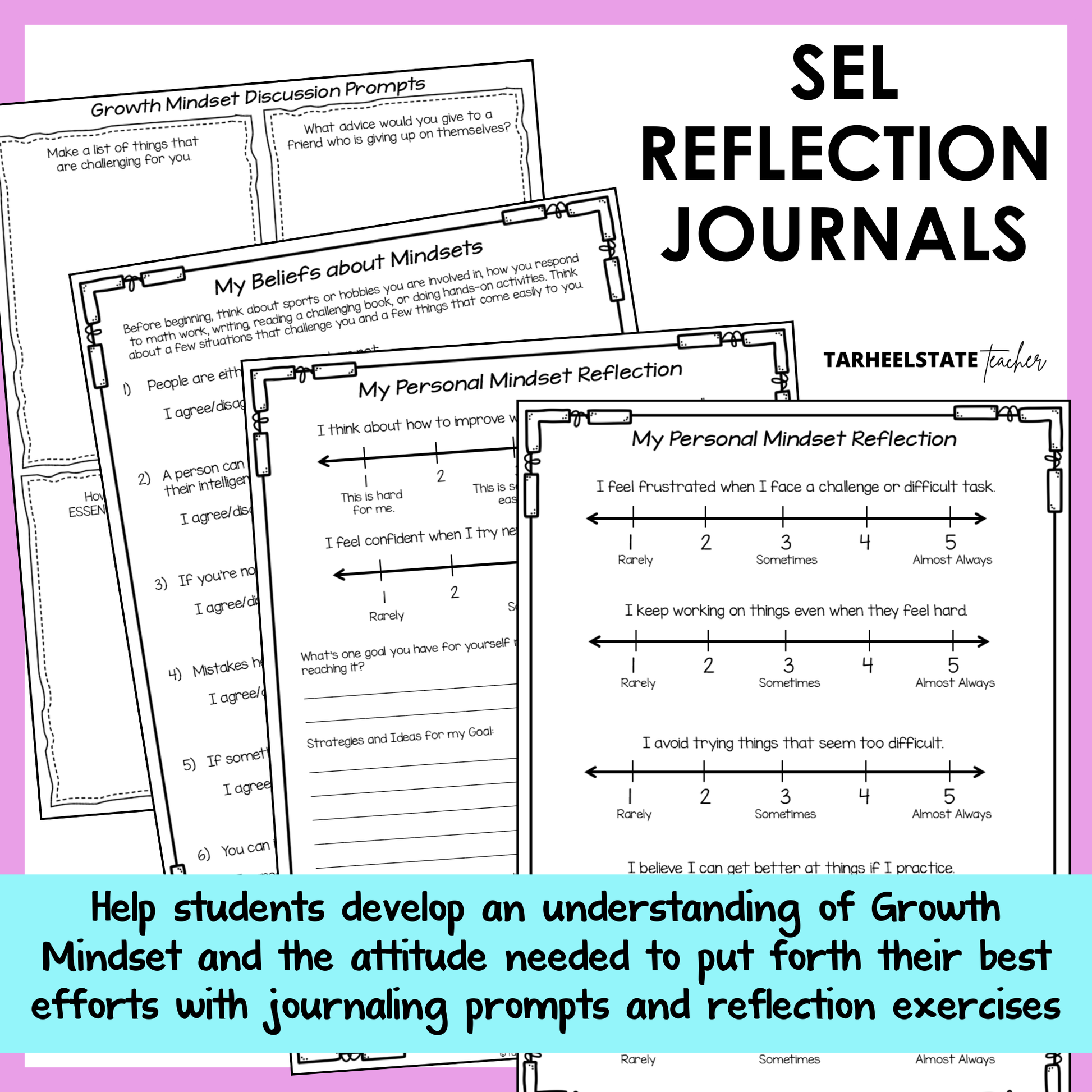 SEL reflection journals with prompts and social emotional learning activities to build emotional awareness