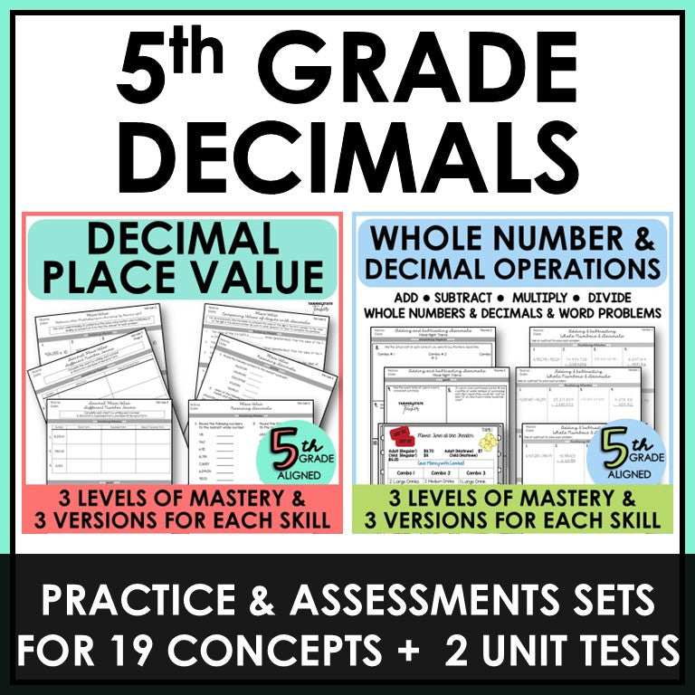 5th Grade Decimals Place Value and Operations Assessments BUNDLE