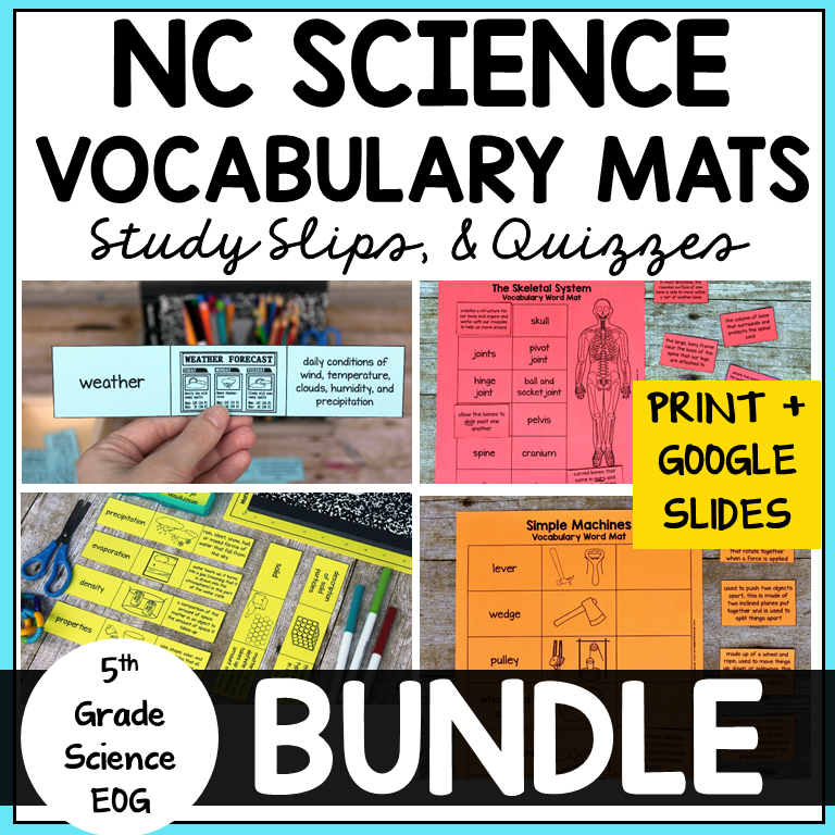 Science vocabulary mats, study slips, and quizzes for NC 5th Grade Science EOG Test Prep