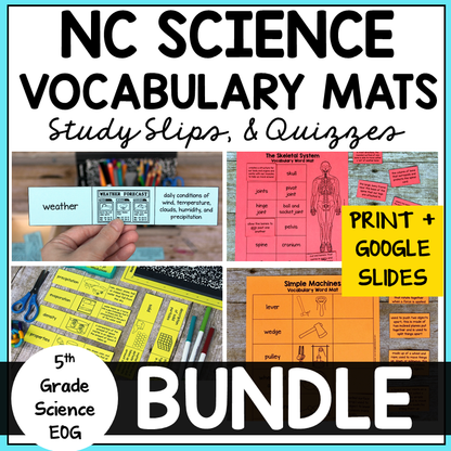 Science vocabulary mats, study slips, and quizzes for NC 5th Grade Science EOG Test Prep