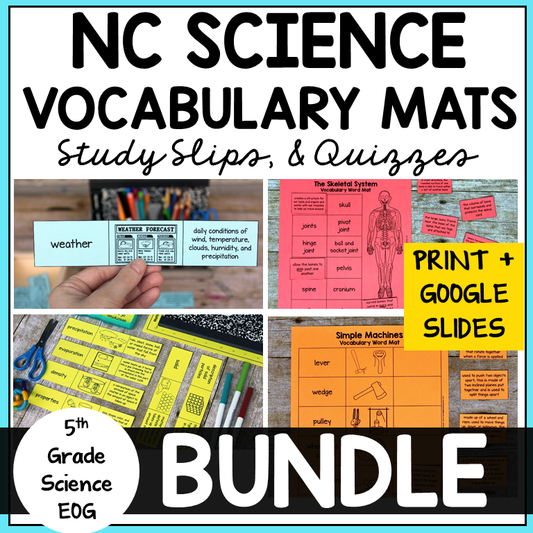 Science vocabulary mats, study slips, and quizzes for NC 5th Grade Science EOG Test Prep