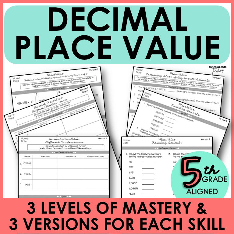 5th Grade Decimals Place Value Concepts Differentiated Assessments