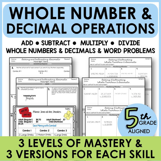 5th grade leveled practice and worksheets for whole number and decimal operations