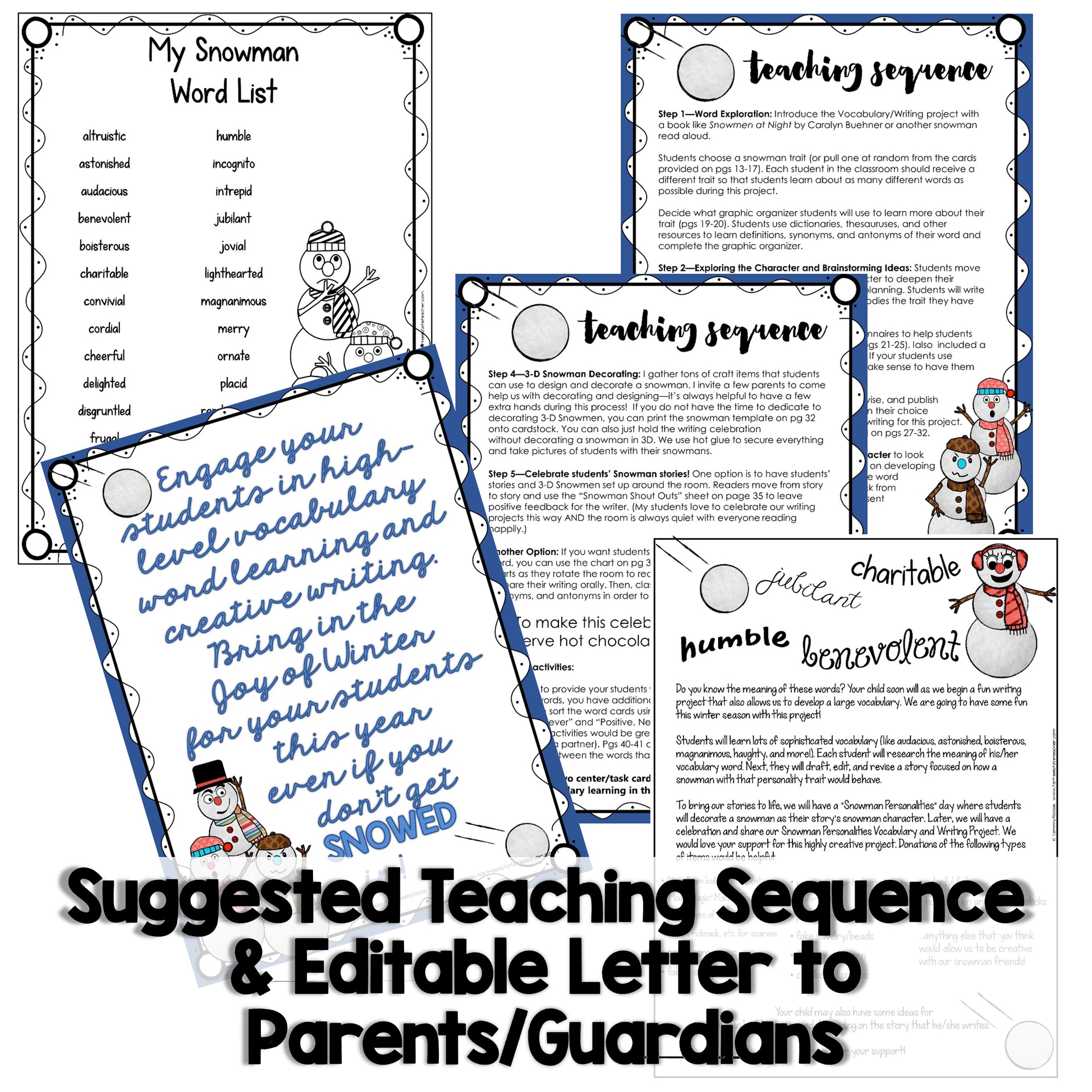 Educational materials for teaching a snowman-themed word list and activities, including a suggested teaching sequence and an editable letter to parents/guardians.