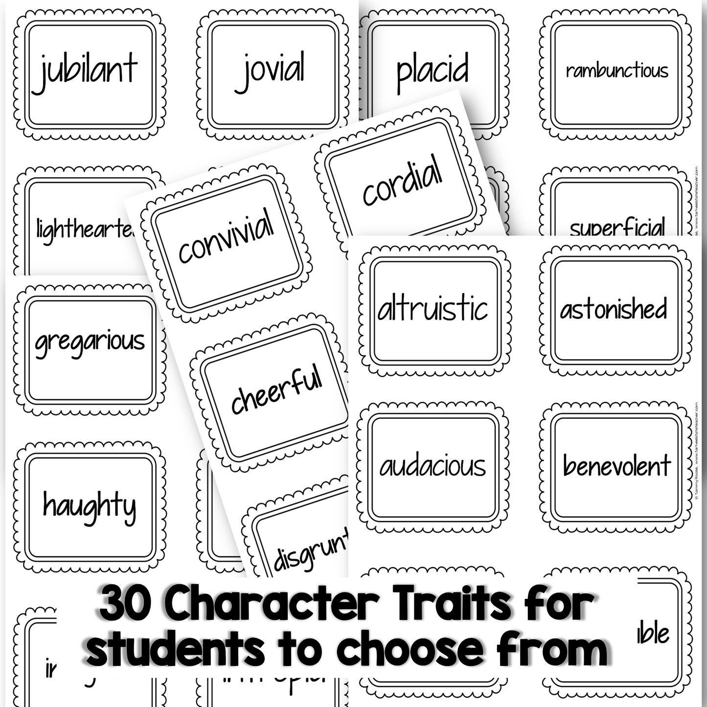 Set of character traits labels for students to choose from, with a total of 30 traits.