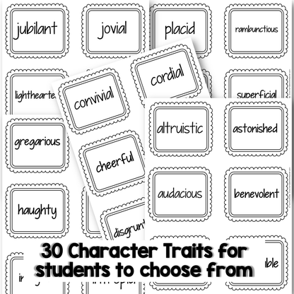 Set of character traits labels for students to choose from, with a total of 30 traits.