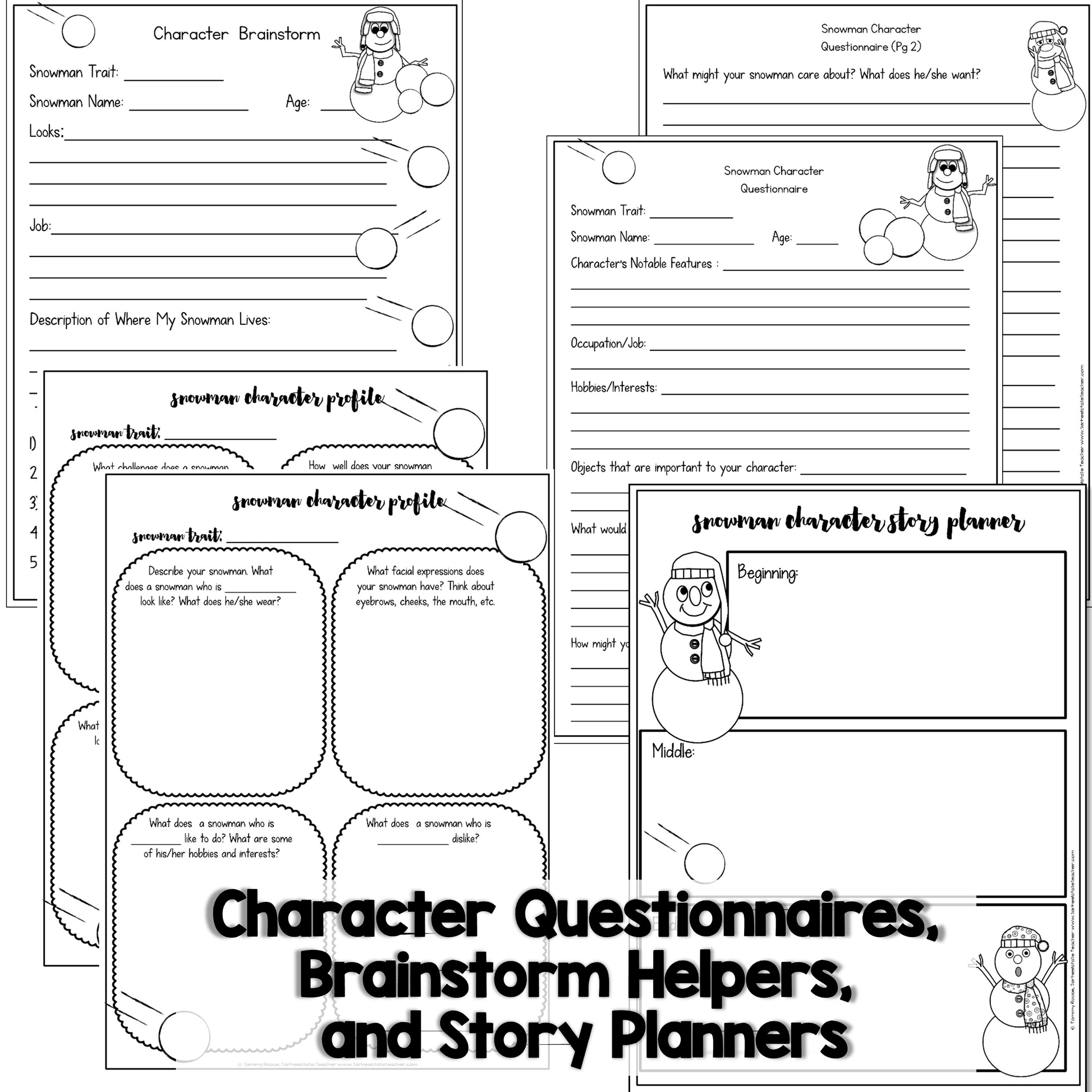 Set of character questionnaires, brainstorm helpers, and story planners for a snowman theme.
