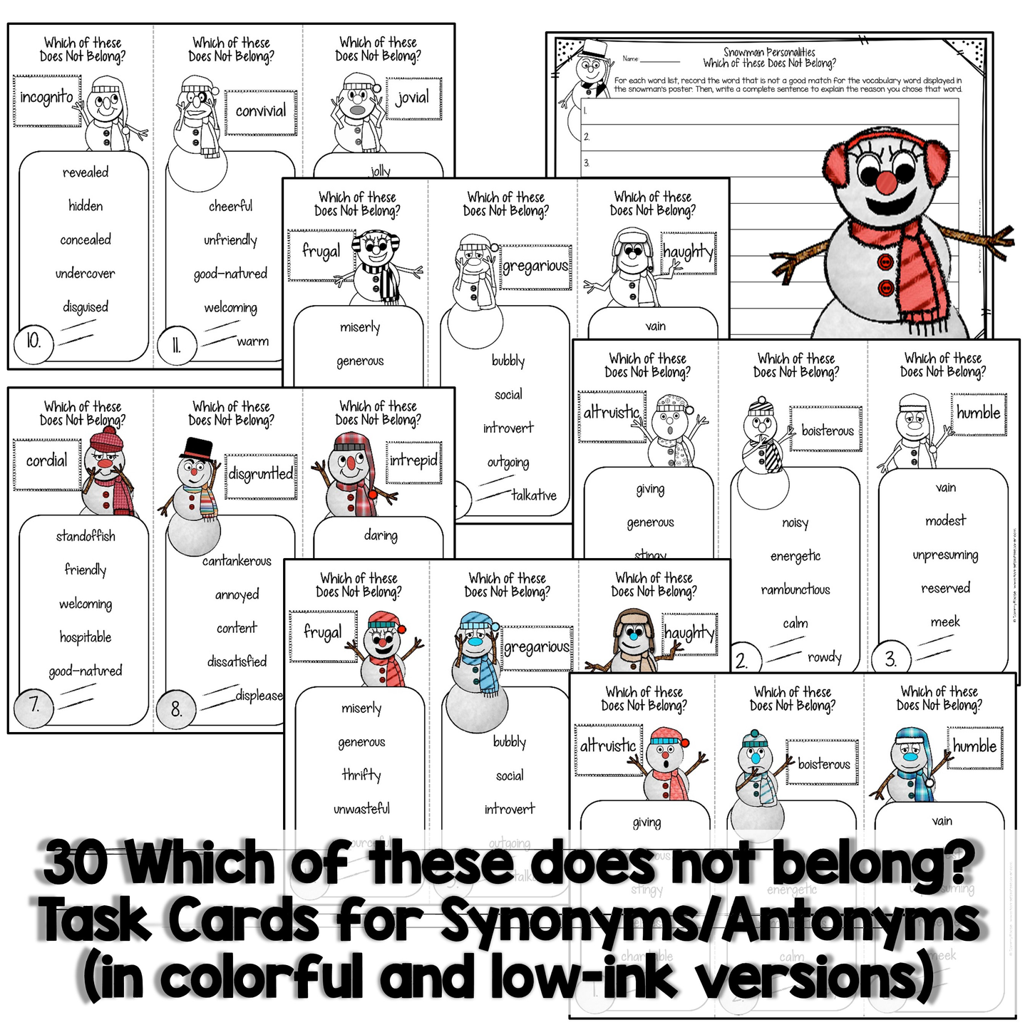 Educational task cards for synonyms and antonyms with a snowman theme, featuring colorful and low-ink versions.
