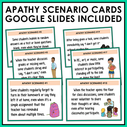 Apathy scenario cards in Google Slides for whole-class discussion