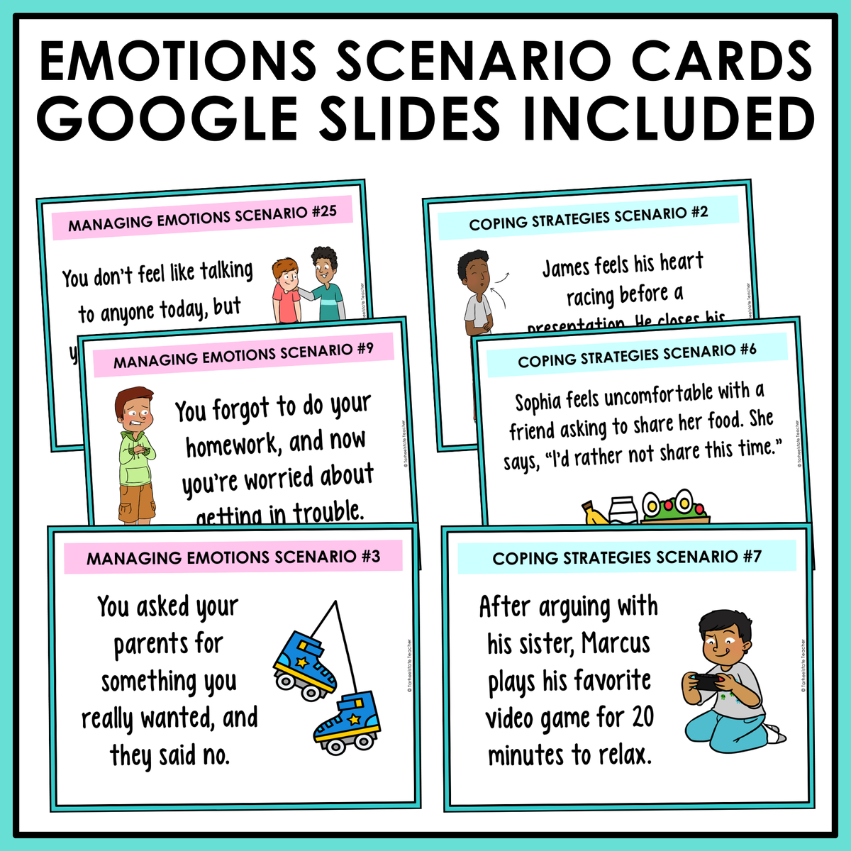 Managing emotions and coping strategies scenario cards in Google Slides for whole-class discussion