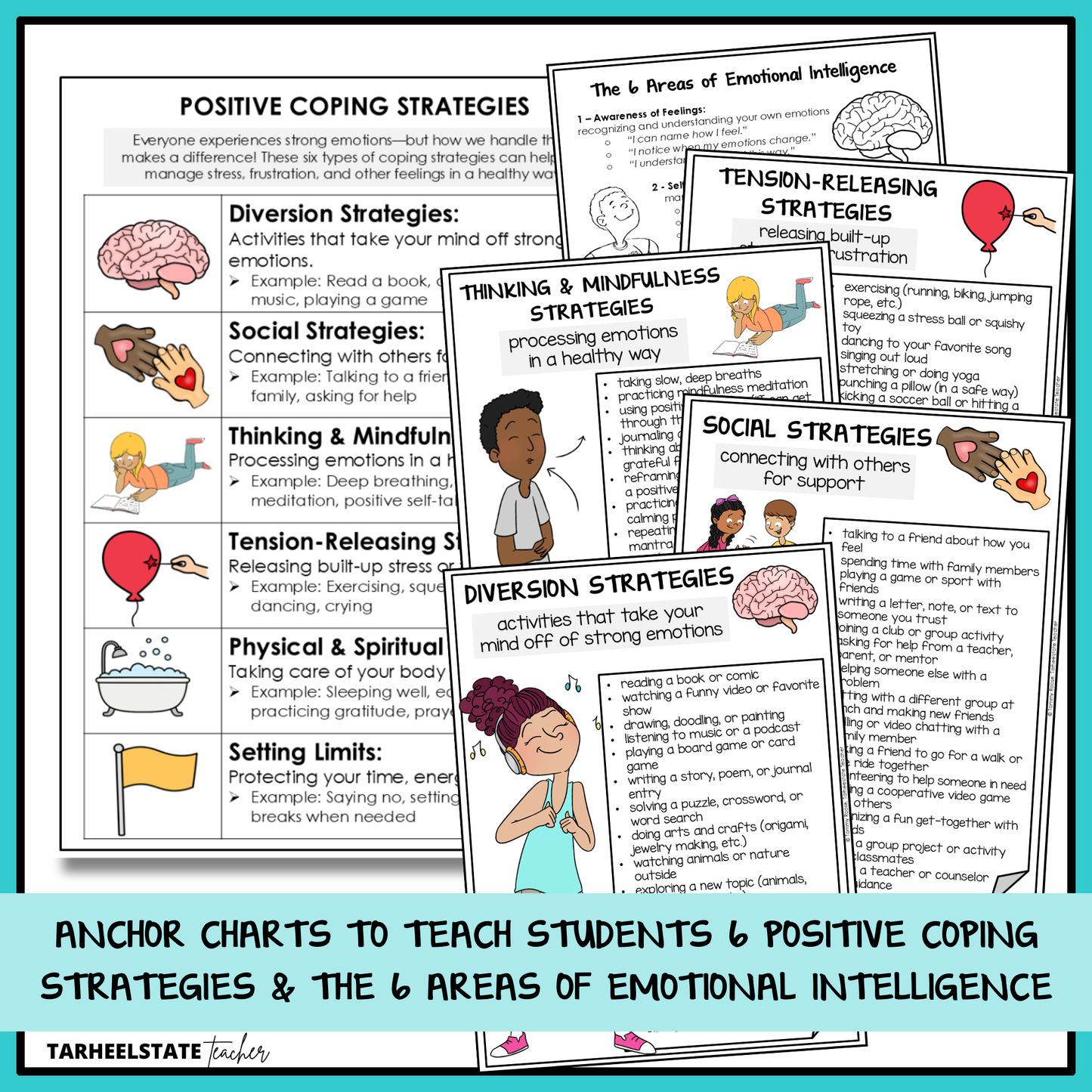 Teaching anchor charts for understanding six positive coping strategies included in SEL unit.