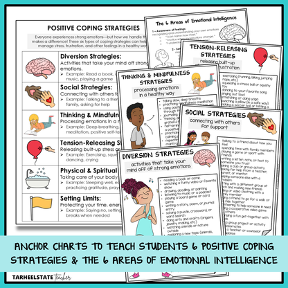 Teaching anchor charts for understanding six positive coping strategies included in SEL unit.