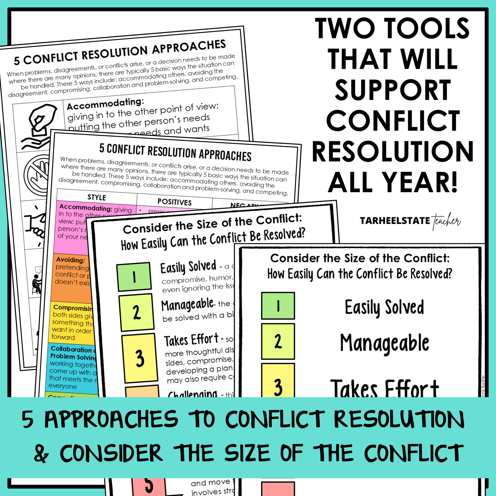 Teaching anchor charts for understanding 5 conflict resolution approaches and strategies to consider the size of the conflict included in SEL unit.