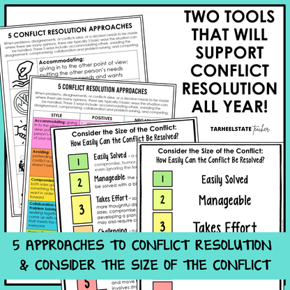 Teaching anchor charts for understanding 5 conflict resolution approaches and strategies to consider the size of the conflict included in SEL unit.