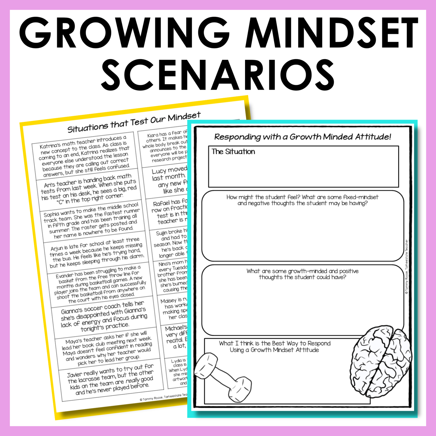 Social emotional learning scenarios and reflection activity included to help students think through real-life scenarios involving growth mindset.