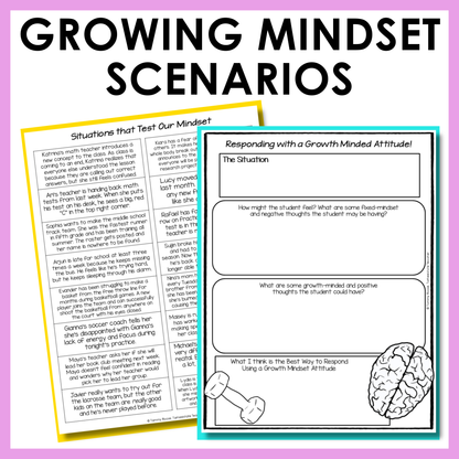 Social emotional learning scenarios and reflection activity included to help students think through real-life scenarios involving growth mindset.