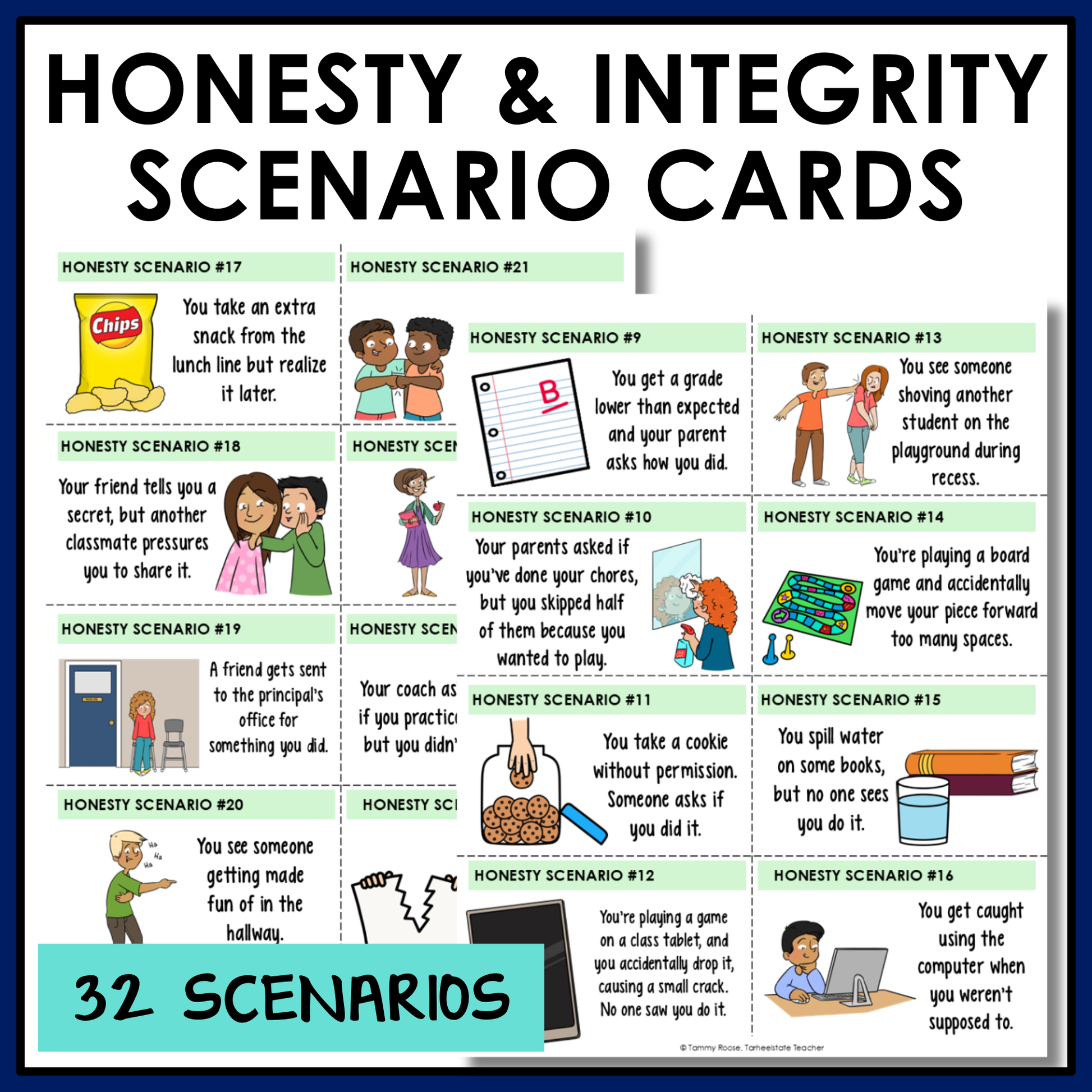 Social emotional learning scenarios and reflection activity included to help students think through real-life scenarios involving honesty and integrity.