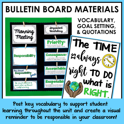 Bulletin board materials with important vocabulary and inspirational quote posters.