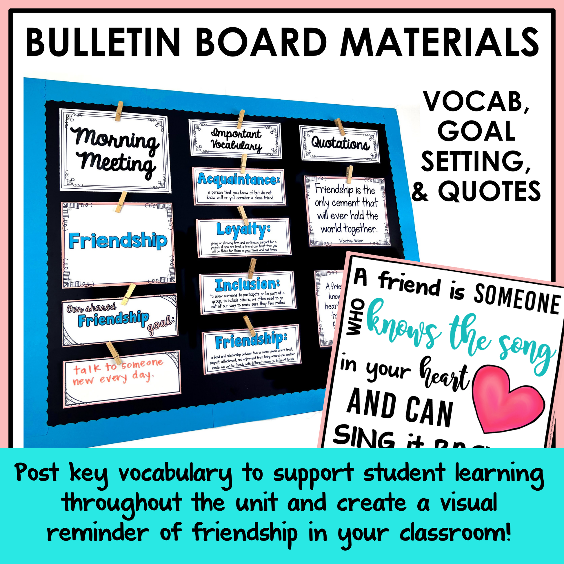Bulletin board materials with vocabulary cards and inspirational quote posters.