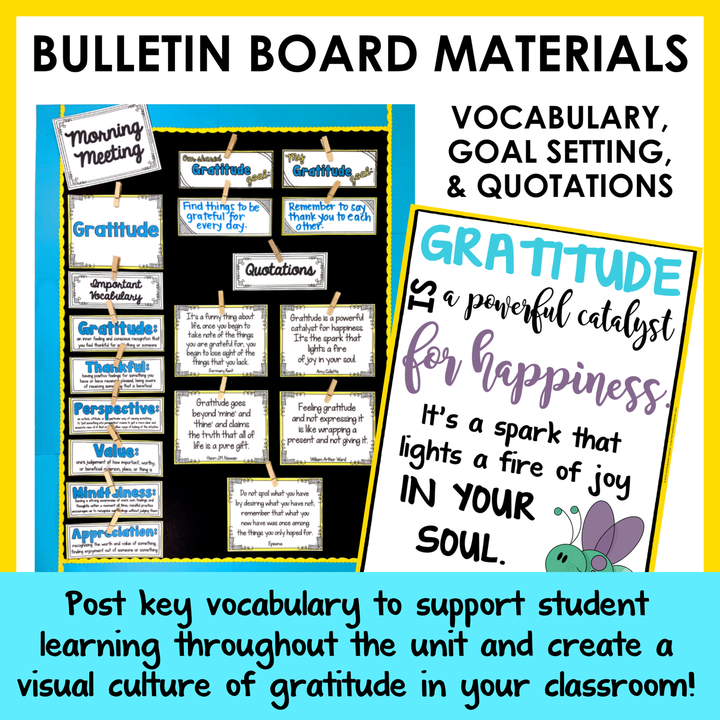 Bulletin board materials for gratitude theme with vocabulary cards and motivational quotes.