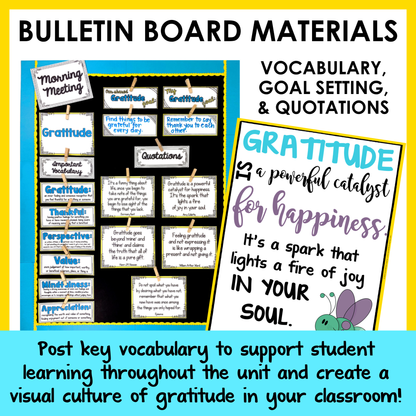 Bulletin board materials for gratitude theme with vocabulary cards and motivational quotes.