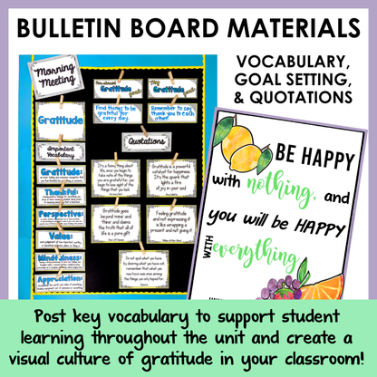 Bulletin board materials with vocabulary, goal setting, and quotations for classroom use.