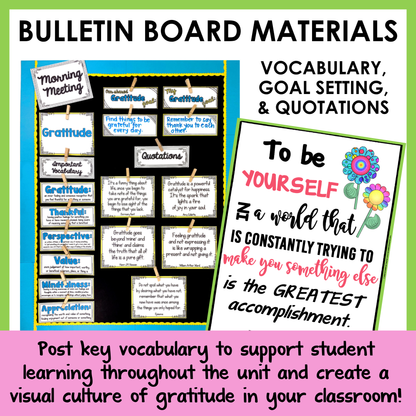 Bulletin board materials for vocabulary, goal setting, and quotations with motivational quote posters.