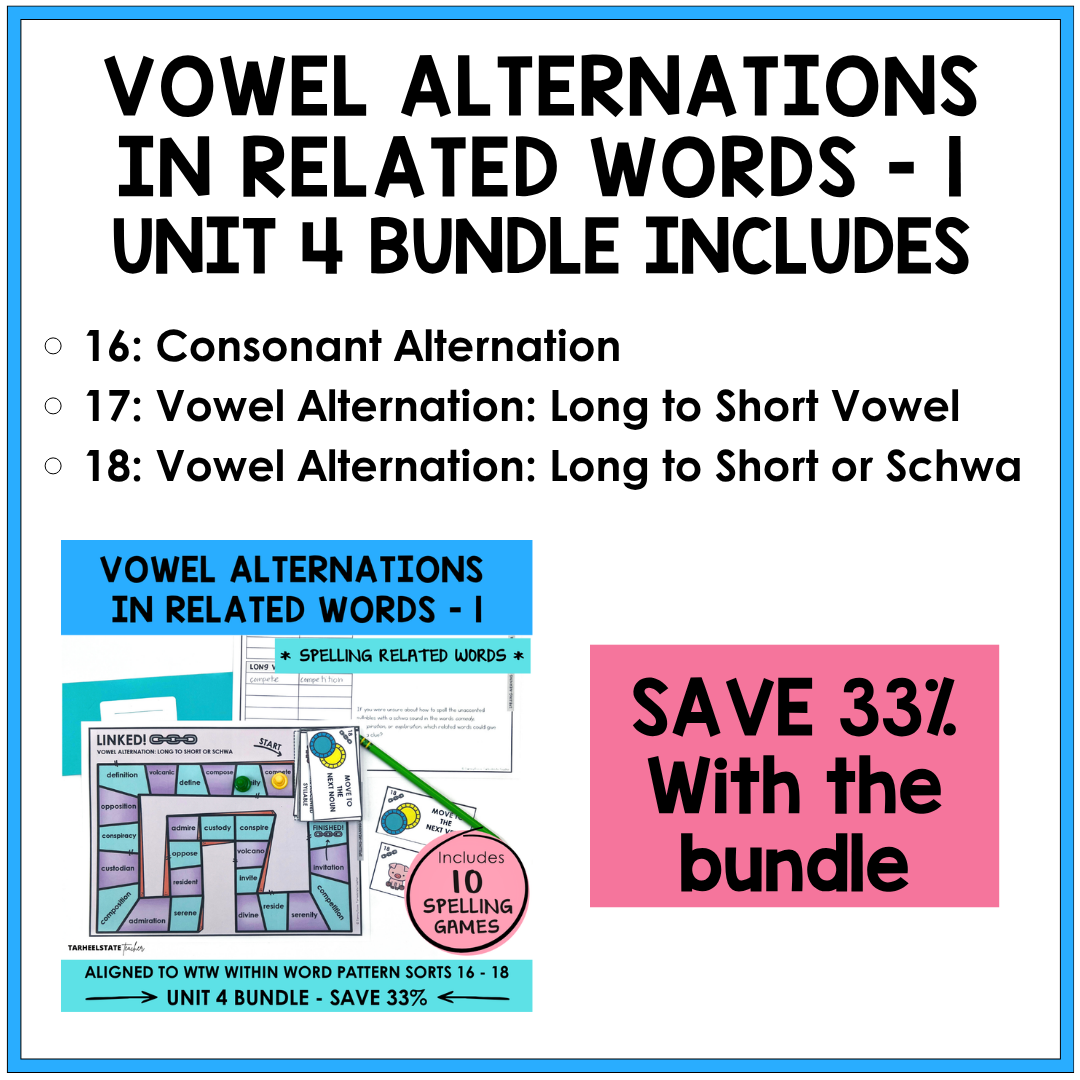 Spelling and morphology games bundle includes activities covering consonant alternation and vowel alternations in the Derivational Relations stage.