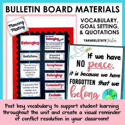 Bulletin board materials for vocabulary, goal setting, and quotations with a focus on belonging and inclusion.