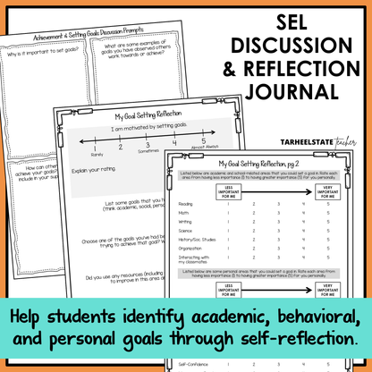 SEL reflection journals with prompts and social emotional learning activities to build emotional awareness
