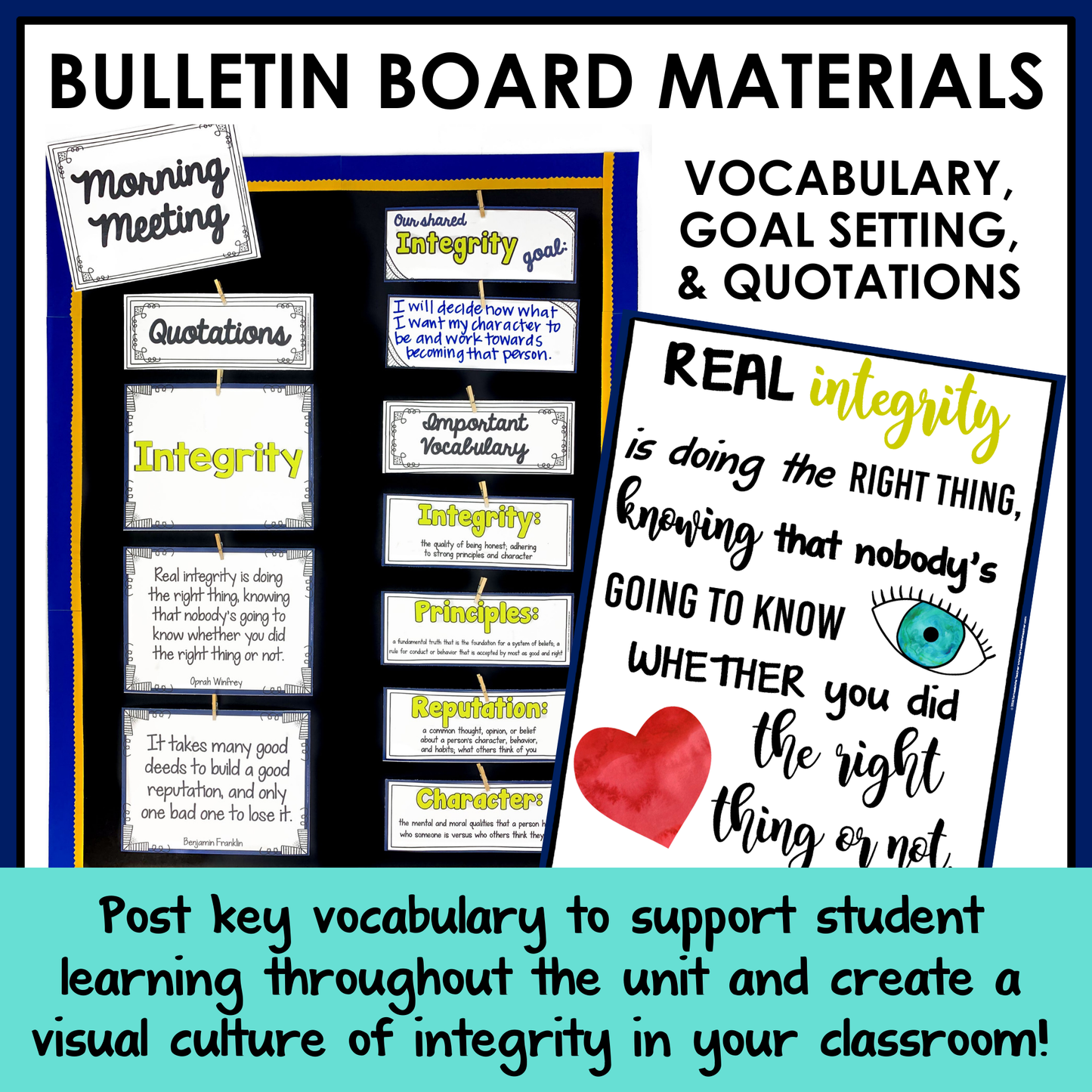 Bulletin board materials for integrity with vocabulary, goal setting, and quotations.