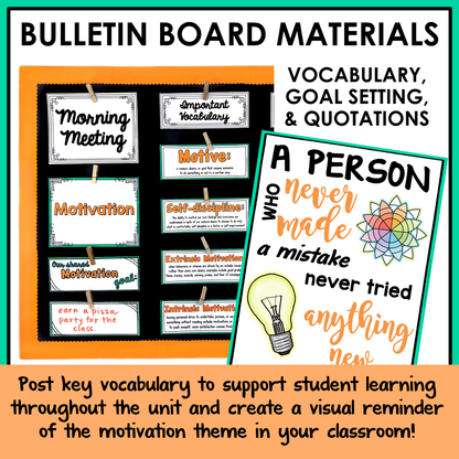 Bulletin board materials with motivational quotes and important vocabulary.