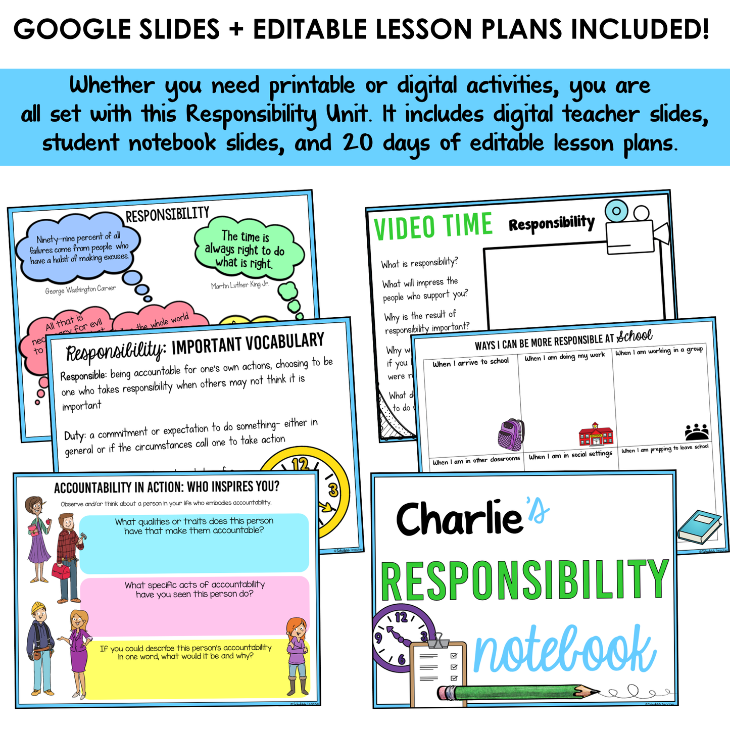 All SEL units include Google slides, a set of digital teacher slides for display and a set of student notebook slides that correspond with the social emotional learning lessons and activities.