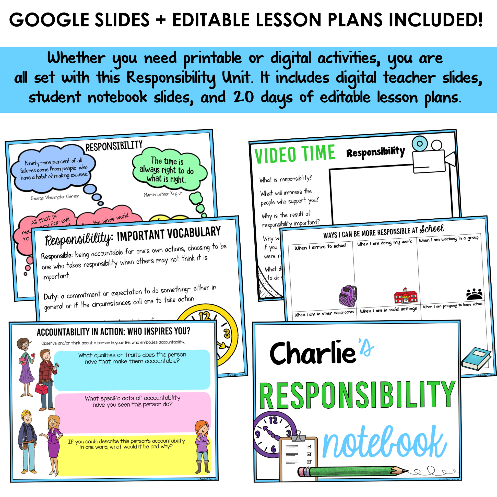 All SEL units include Google slides, a set of digital teacher slides for display and a set of student notebook slides that correspond with the social emotional learning lessons and activities.