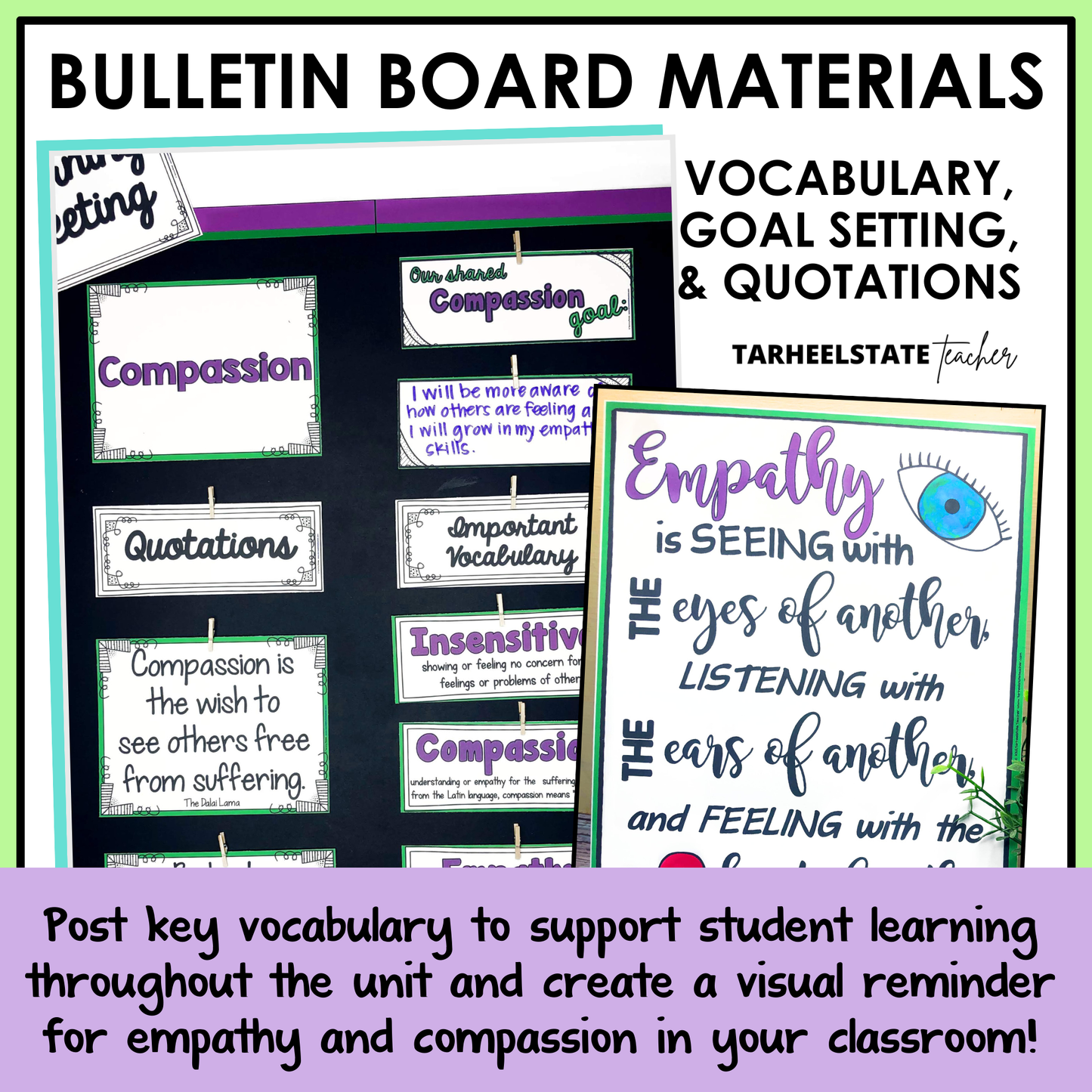 Bulletin board materials for building empathy with vocabulary, goal setting, and quotations