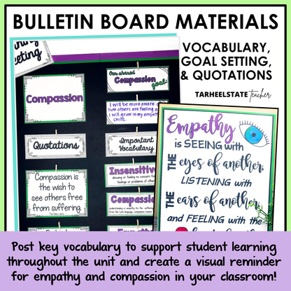 Bulletin board materials for building empathy with vocabulary, goal setting, and quotations