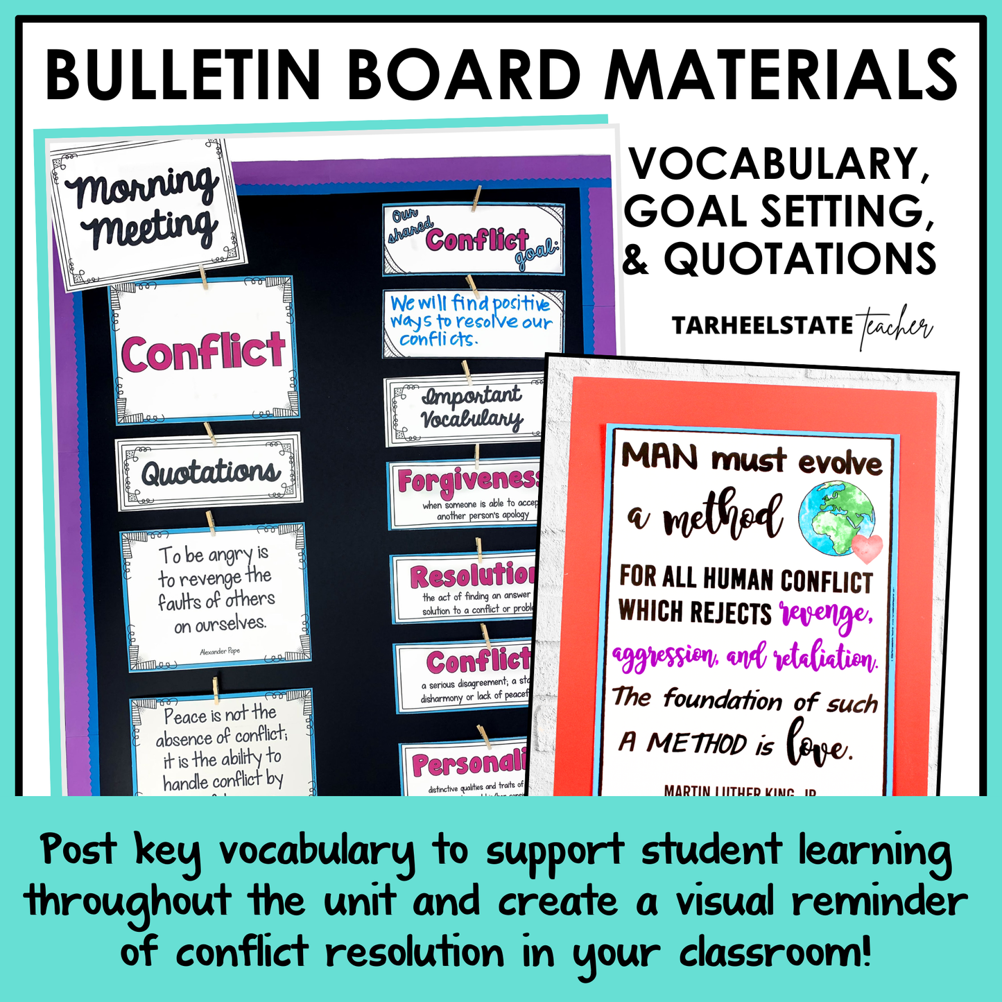 Bulletin board materials with conflict resolution quotes and vocabulary cards.