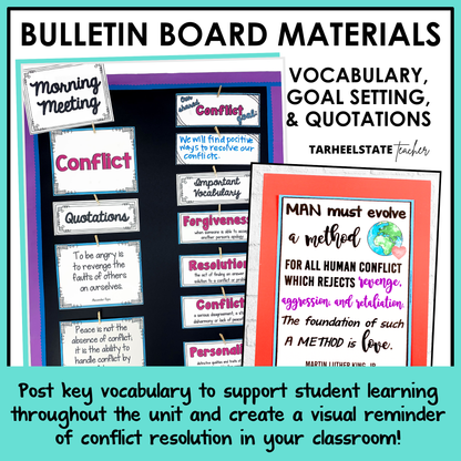 Bulletin board materials with conflict resolution quotes and vocabulary cards.