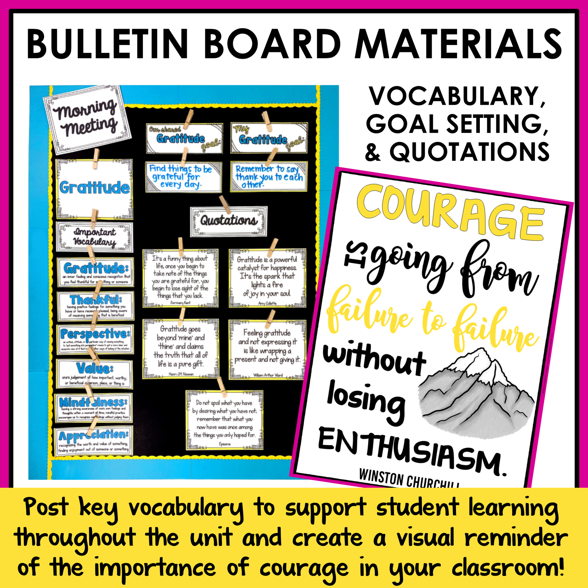 Bulletin board materials with vocabulary, goal setting, and quotations for classroom use.