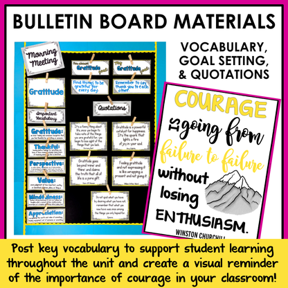Bulletin board materials with vocabulary, goal setting, and quotations for classroom use.